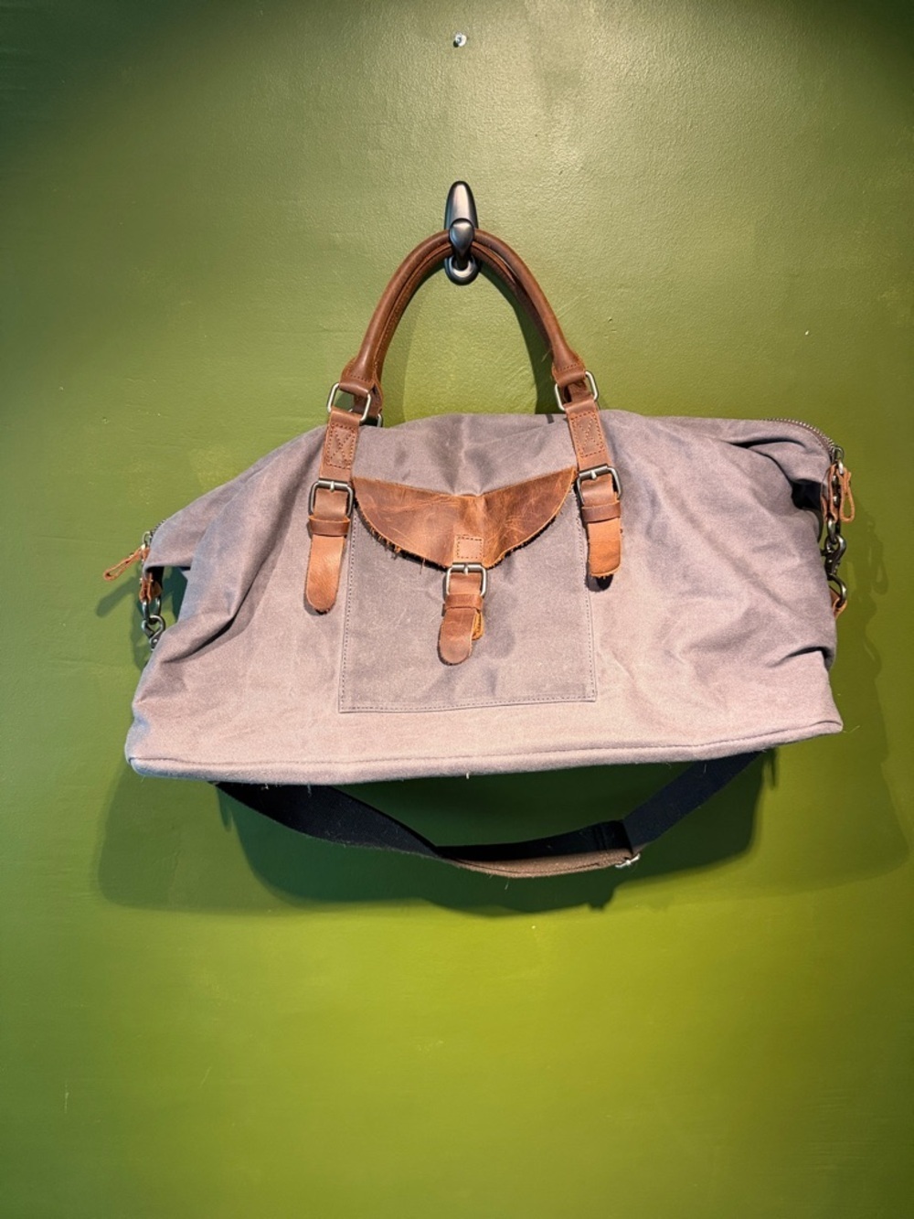 Canvas Duffel Bag with Brown Leather Trim - Gray